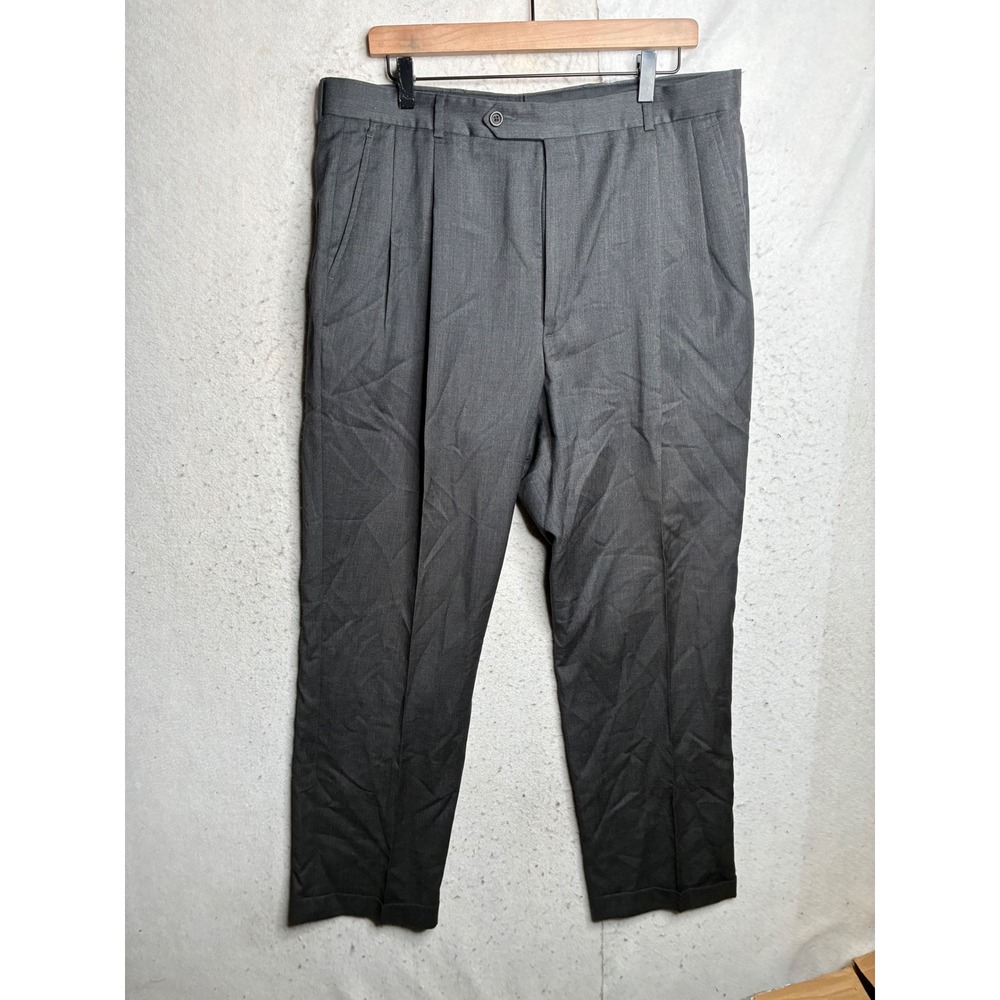 JCPenney Mens 100% Wool Pleated Dress Pants Charcoal Gray Cuffed 36x32